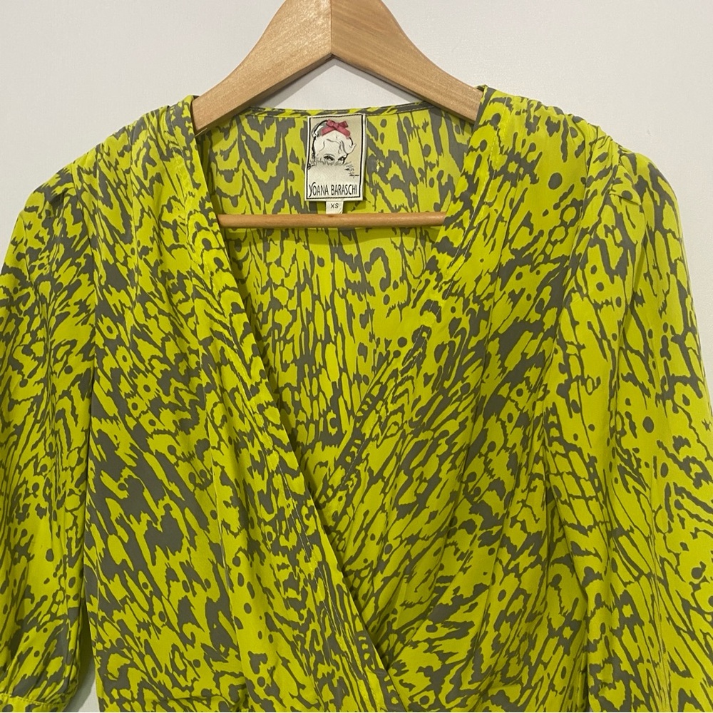Yoana Baraschi Neon Printed Peplum Blouse XS V-Neck Preppy Feminine Lightweight - Picture 2 of 7